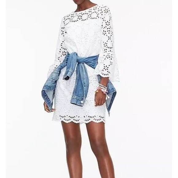 J Crew Dress Womens Sz 2 White Bell Sleeve Eyelet Embroidered Sheath Feminine - Picture 9 of 10